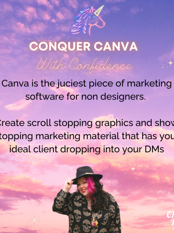 Image of women in skull shirt and fedora hat with pink hair, smiling with a pink sunset background